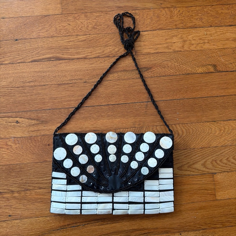 Black & White Beaded Envelope Clutch with Wristlet Strap